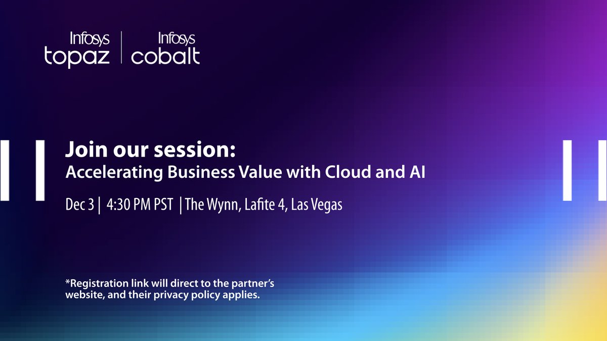 InfosysEvents's tweet image. Tune in to our AWS re:Invent session: Accelerating Business Value with Cloud &amp;amp; AI, by Infosys. Hear insights from industry leaders + Srinivas Gopal Sugavanam, Infosys, on driving AI innovation &amp;amp; impact. bit.ly/48qAX2y 
#InfyAtReInvent25 #InfosysCobalt #InfosysTopaz