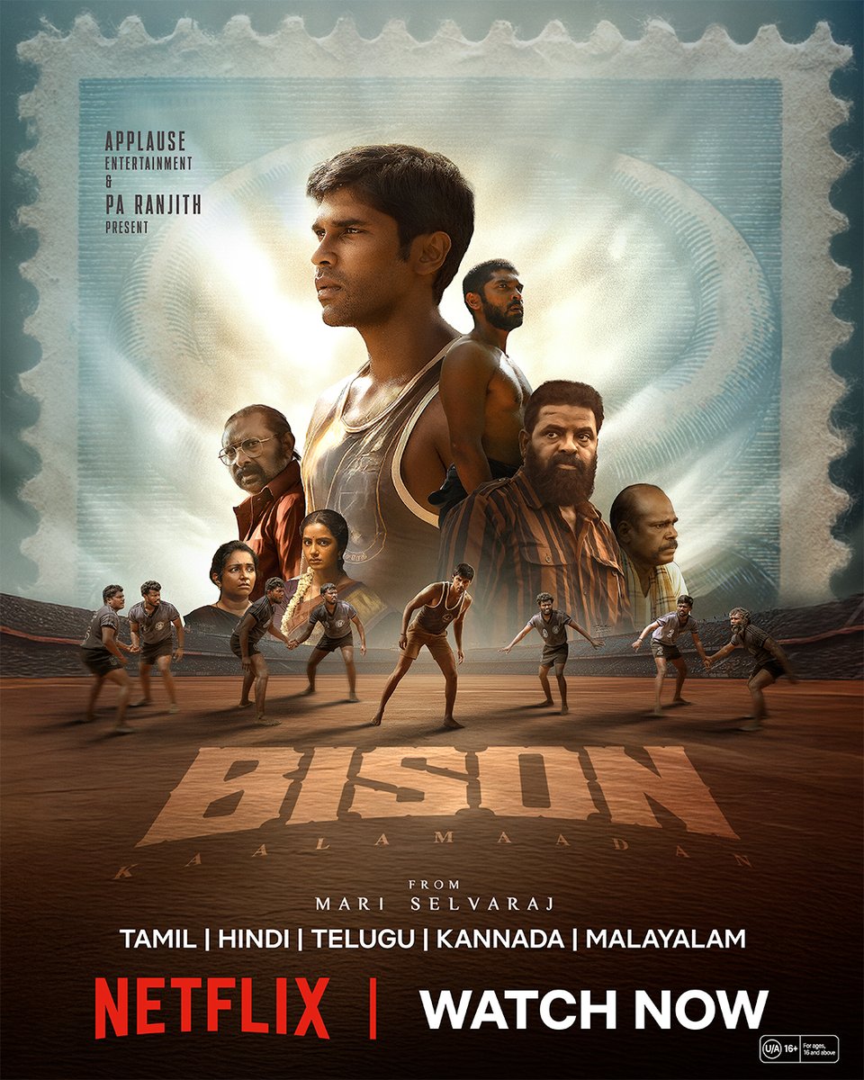 thecinementary's tweet image. #ApplauseEntertainment and #PaRanjith&apos;s #NeelamProductions Presents
#Bison #BisonKaalamaadan Watch Now on #Netflix

🎬 Writer &amp;amp; Director #MariSelvaraj
🎹 Music #NivasKPrasanna
🌟 Starring #DhruvVikram #AnupamaParameswaran 

#Tamil #Hindi #Telugu #Malayalam #Kannada
