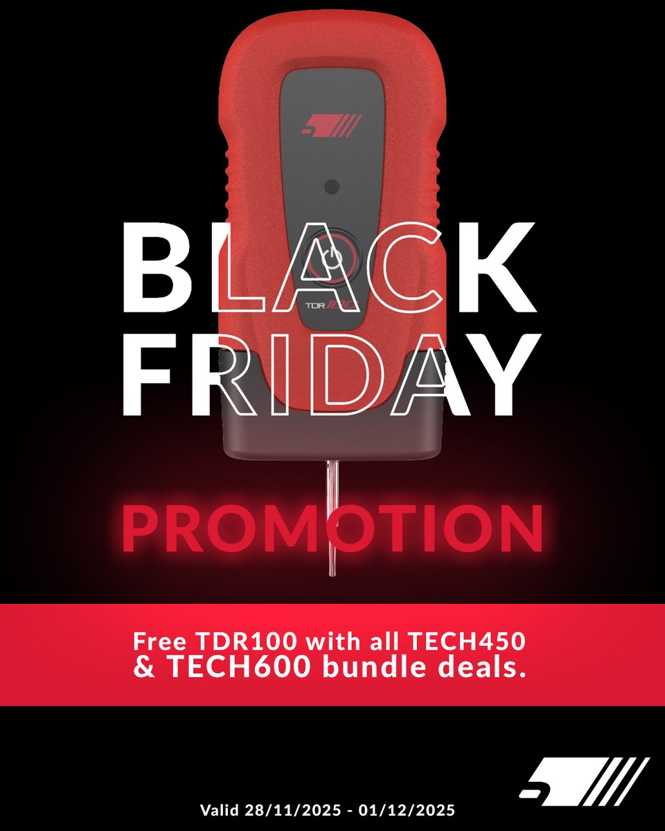 BartecAutoID's tweet photo. 🔥 BLACK FRIDAY OFFER  FREE TDR100! 🔥
Valid: 28/11/2025 – 01/12/2025
For a limited time only, all TECH450 and TECH600 bundle deal purchases will come with a FREE TDR100 - the perfect addition to your workshop’s TPMS toolkit.
The TDR100 pairs seamlessly with both the TECH450 and TECH600 via Bluetooth, delivering fast, accurate tread depth and pressure measurements for a complete tyre service solution.

👉 Secure your Black Friday deal now:
Order online: https://t.co/0EcQbBKhJb
Call us: 01226 770581
.
.
.
#BlackFriday #TPMSTools #TPMS #BartecAutoID #TDR100 #TreadDepth