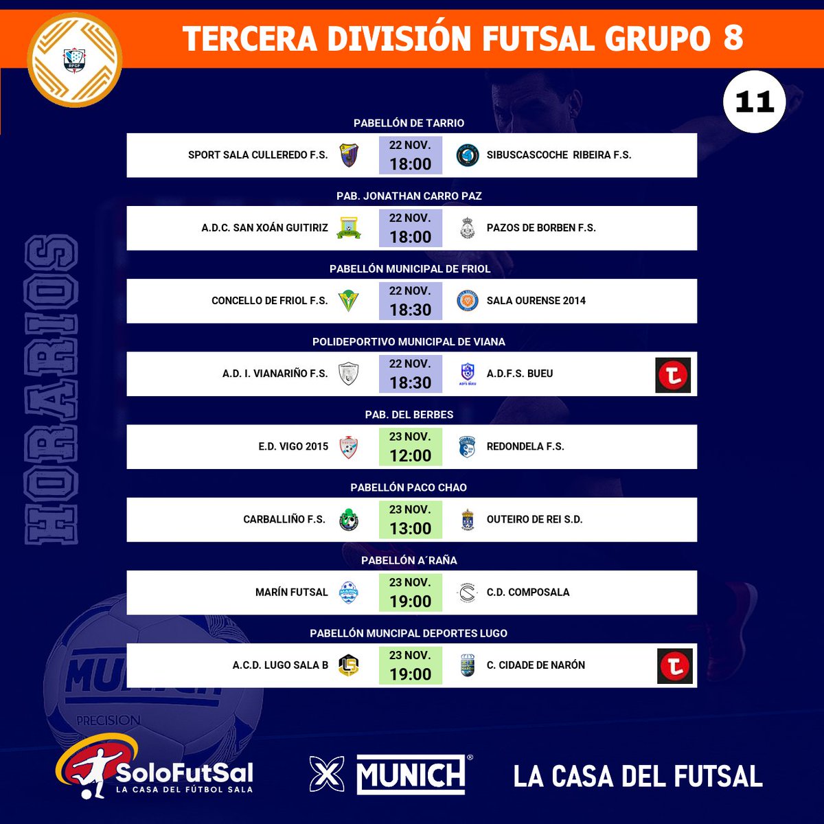 SoloFutSal_'s tweet image. 🟧 3⃣ª DIVISIÓN FUTSAL – GRUPO 8⃣
📆 11ª JORNADA · ⏰ Horarios

⚡ Novedad importante:
👉 ¡Recuerda tenemos MARCADORES en directo!
📎 solo-futsal.es/livescores

✍️ Consulta los horarios de la jornada:
📎 solo-futsal.es/playoff/tercer…

👥 Visita los perfiles de los equipos de la…