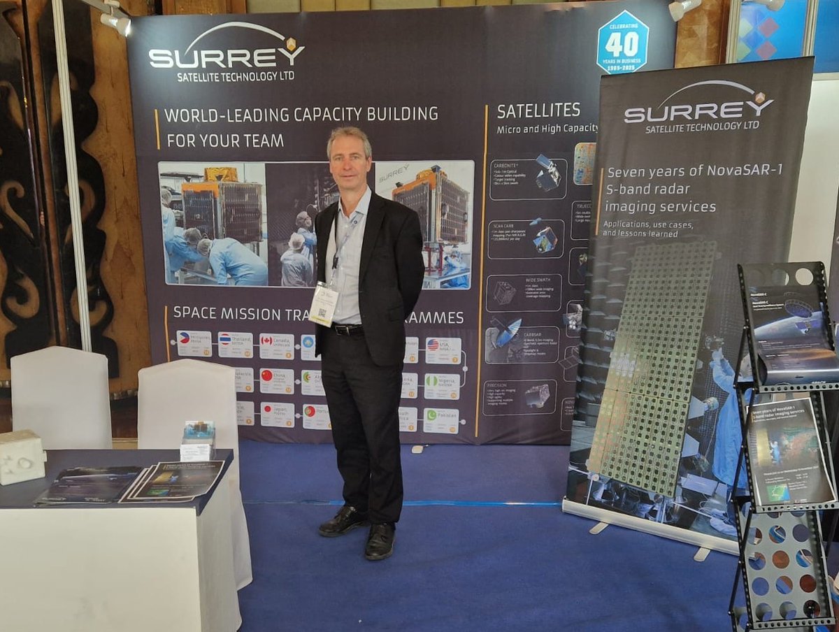 SurreySat's tweet photo. It was a great honour at this week’s @APRSAF_Official on Cebu Island, Philippines.. as SSTL’s Andrew Cawthorne &amp; Alex da Silva Curiel da Silva had the privilege of meeting H,E. President Bongbong Marcos and brief him on their MULA satellite we are building with PHILSA. https://t.co/0bmYgkOH2H