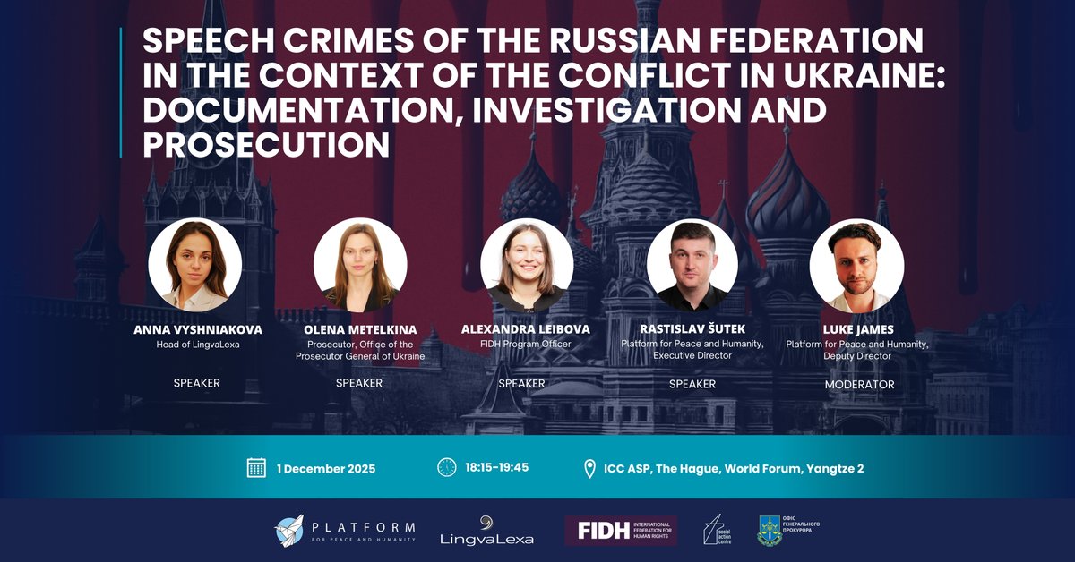 p_peacehumanity's tweet image. 📢 Join us at ICC #ASP24 in The Hague for a side event &quot;Speech crimes of the Russian Federation in the context of the conflict in Ukraine: Documentation, investigation and prosecution&quot;, jointly organised with LingvaLexa, @fidh_en, Social Action Centre and @GP_Ukraine.