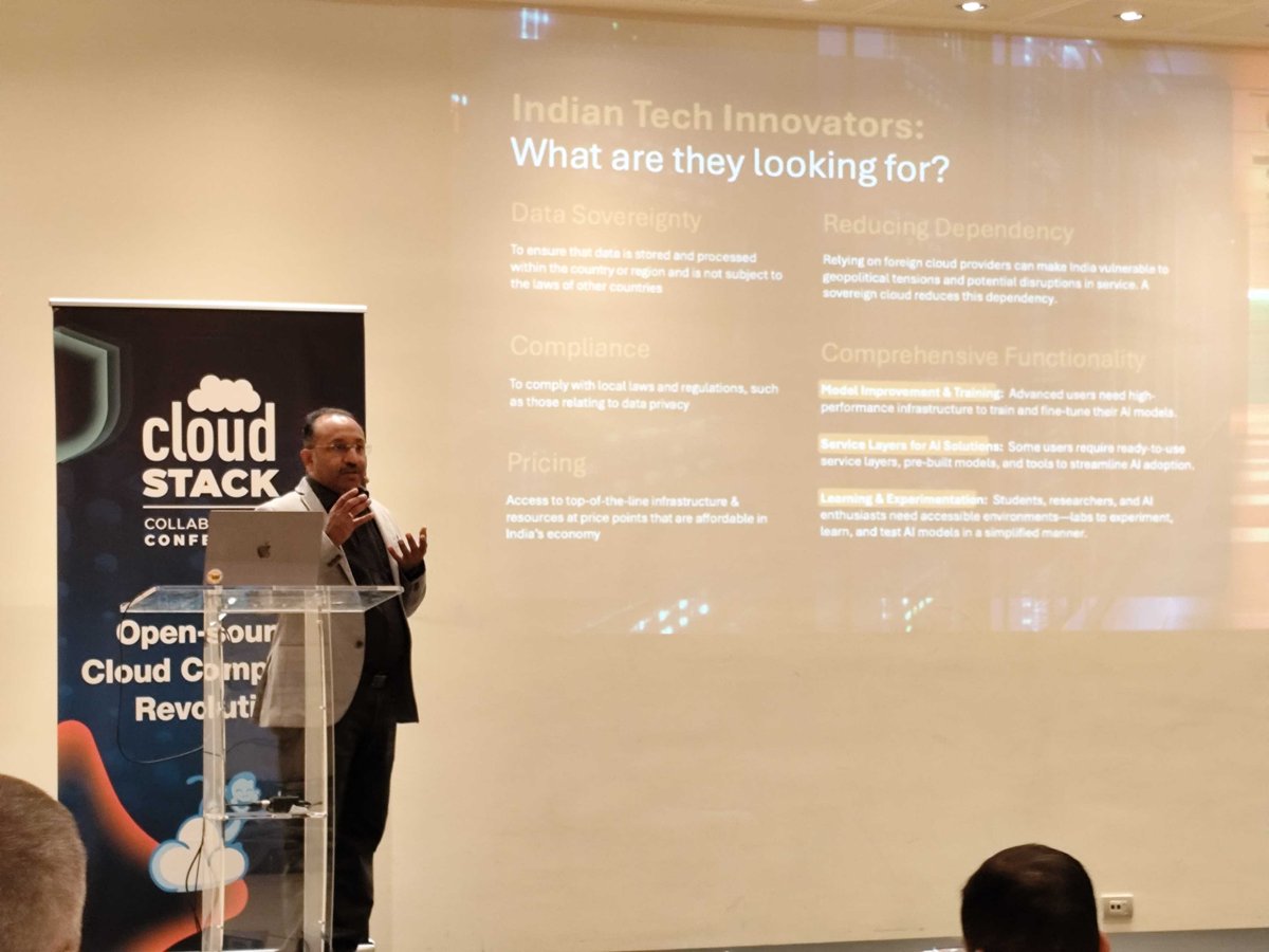 CloudStack's tweet image. Taking place in the Venere room, CTO at @YottaInfra, @KBShivKumar presenting: Building India’s Sovereign Hyperscale Cloud with the #CloudStack Ecosystem.

#CloudStackCollab