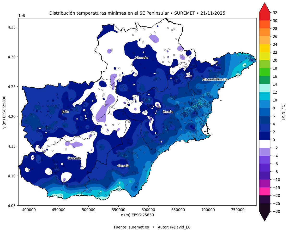MeteoChatSE's tweet photo. ❄️Madrugada muy fría en el interior del SE especialmente en valles del interior noroccidental de la Región de Murcia 
🔵Avilés (Lorca) -La Cañada -6,5ºC  🔵Caravaca IES San Juan de la Cruz -6,2ºC
📊La próxima madrugada será más fría con valores <-10ºC en los polos fríos https://t.co/BsRdCar4AG