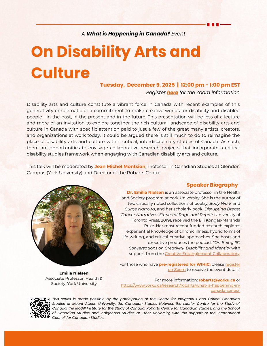 📅📌The next <a href="/RobartsCentre/">Robarts Centre</a> discussion in the #WhatIsHappeningInCanada series will be delivered by Dr Emilia Nielsen, with the title “On Disability Arts and Culture” (Dec 9, 12-1 pm EST)
More information down below⬇️⬇️
Register here: yorku.zoom.us/meeting/regist…
See you there!