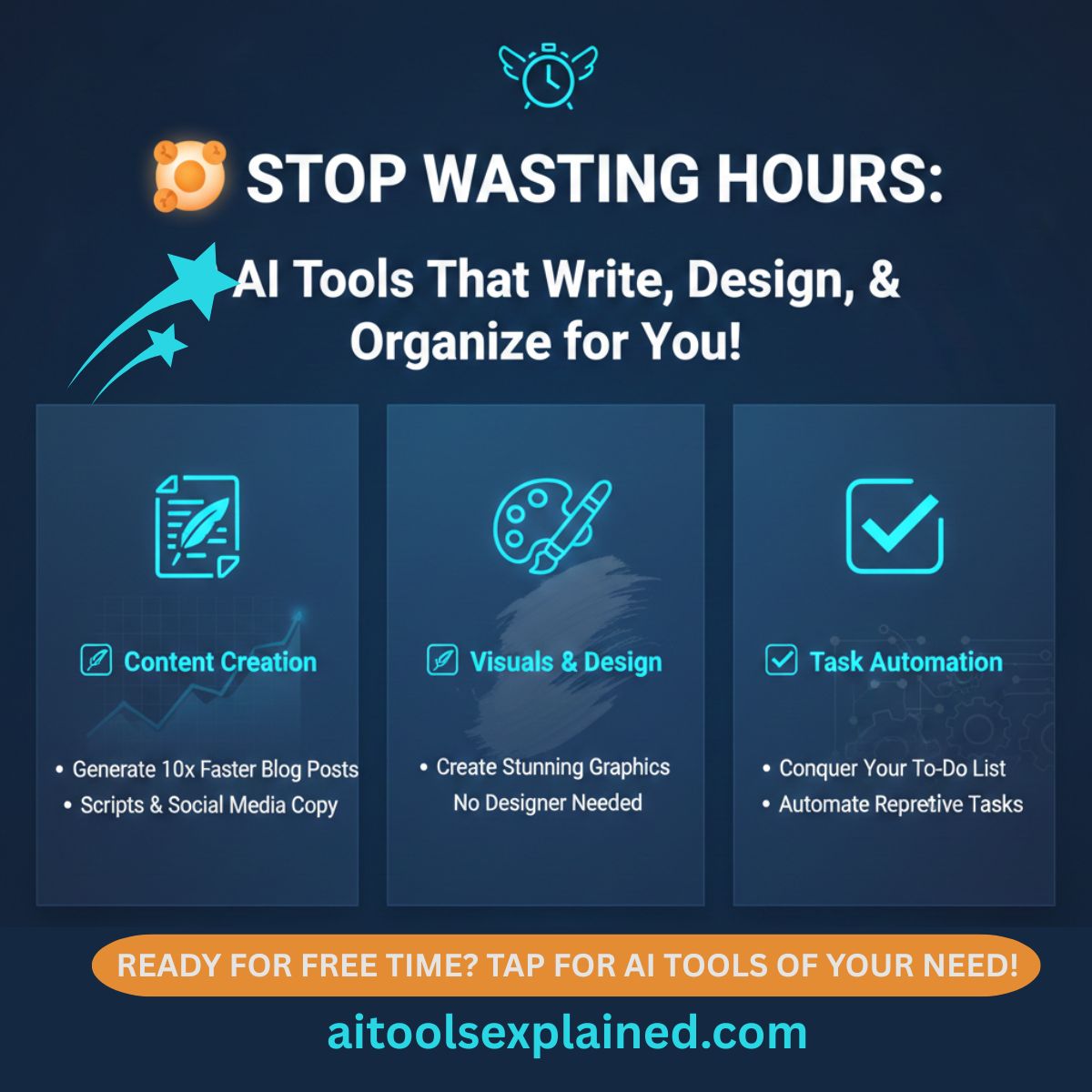 AIToolsX's tweet photo. STOP WASTING HOURS!

Free up your time by automating content, design, and organization with the top AI tools.

Get the full guides &amp; tutorials now: https://t.co/m5NxlEDeUh

#AITools #Productivity #WorkSmarter https://t.co/gROyn80Pvl