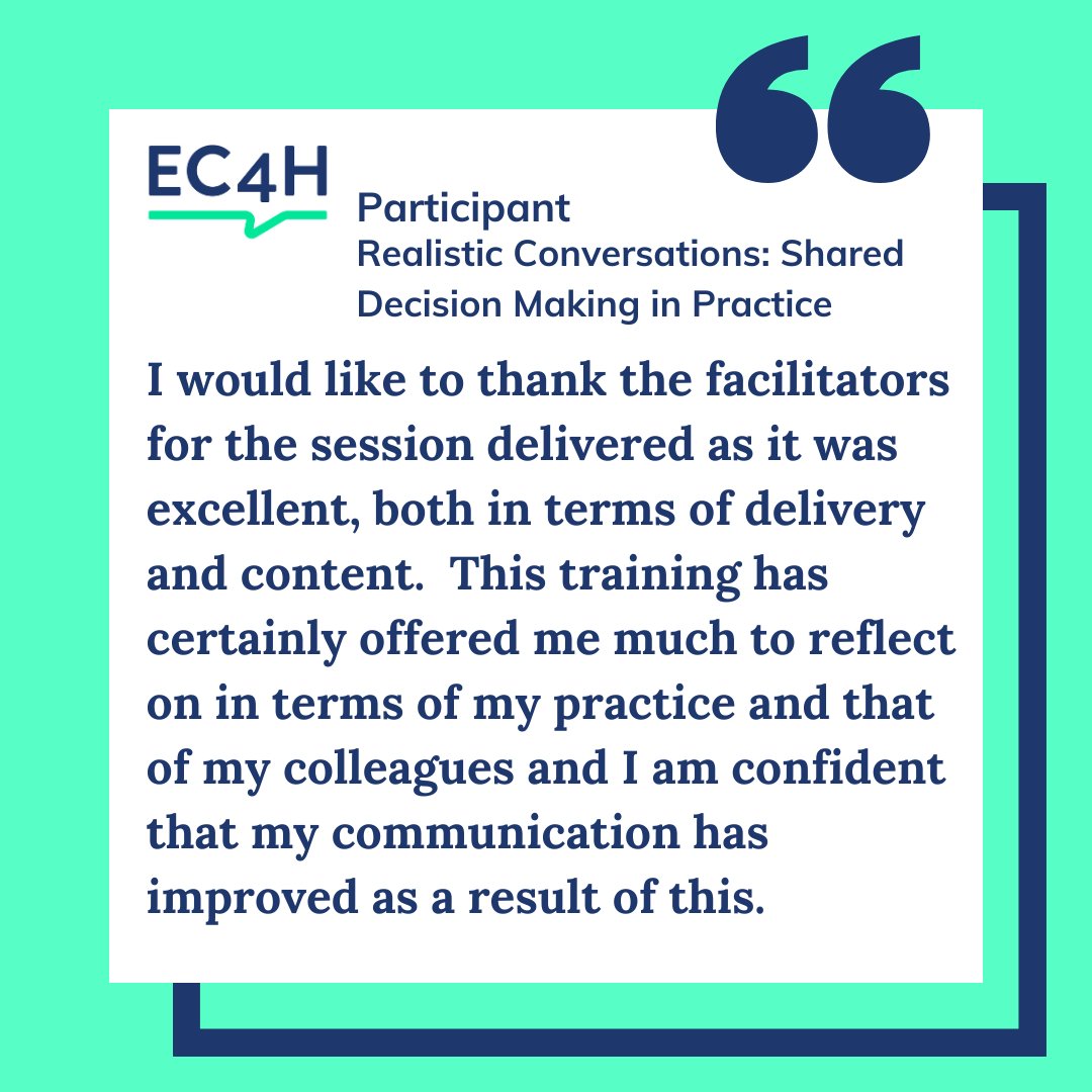 EC4H7's tweet photo. "This training has certainly offered me much to reflect on in terms of my practice and that of my colleagues and I am confident that my communication has improved as a result of this" 😁
#FeedbackFriday #sharedecisionmaking #valuebasedmedicine #EC4H #realisticconversations https://t.co/D1n0Nqrd4C
