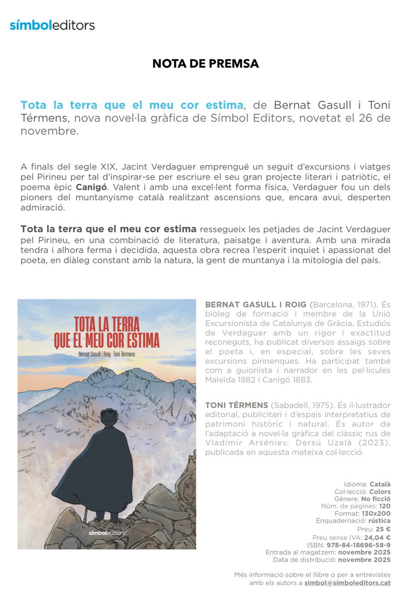 La setmana entrant, TOTA LA TERRA QUE EL MEU COR ESTIMA, de Bernat Gasull i Toni Tèrmens. Una novel·la gràfica sobre les aventures de Verdaguer pel Pirineu!