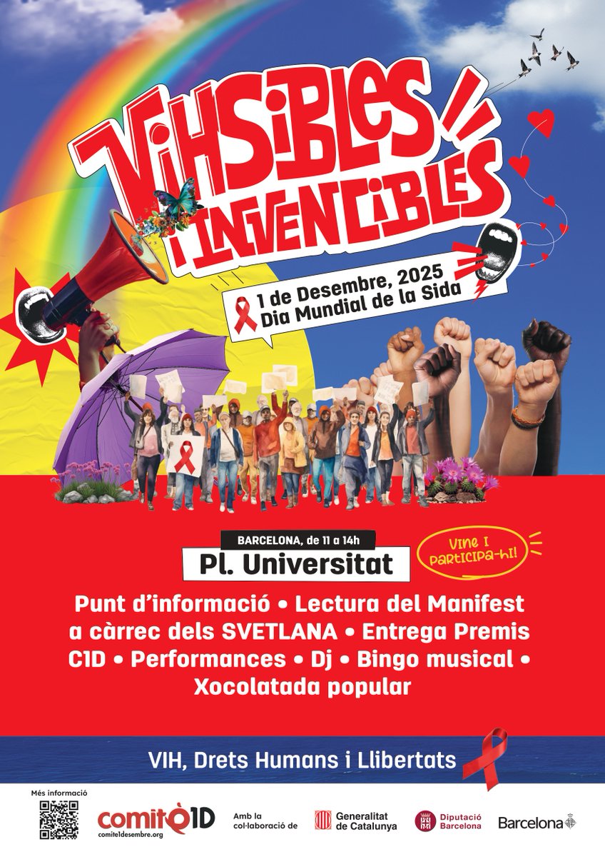 📢El proper 1 de desembre, Dia Mundial de la Sida, us esperem a la Plaça Universitat de Barcelona

✅Podreu gaudir d'un espai ple d'activitats, música i reivindicació

❤️Vine, participa-hi i fes visible el teu compromís amb la lluita contra l'estigma!

#DMS2025