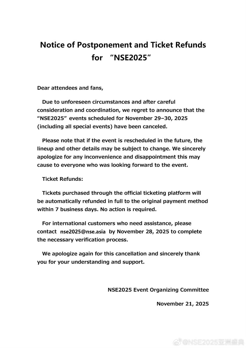 BNK48_China's tweet image. NSE2025 Event Cancellation Announcement

#NSE2025 #BNK48 #CGM48