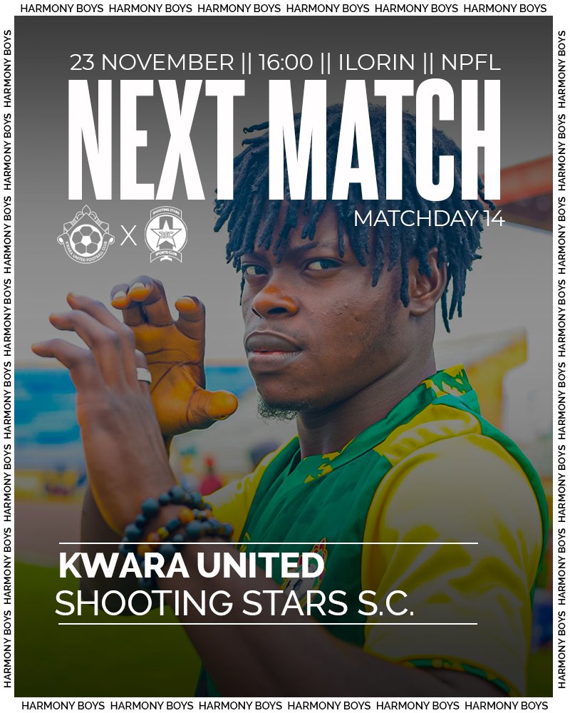 🟡𝐍𝐄𝐗𝐓 𝐌𝐀𝐓𝐂𝐇🟢

🆚Shooting Stars S.C.
🗓️Sun, 23rd Nov
🏟️Rashidi Yekini Mainbowl, George Innih Stadium, Ilorin. 
🕓4PM

#NPFL26 || #WeAreHarmonyBoys