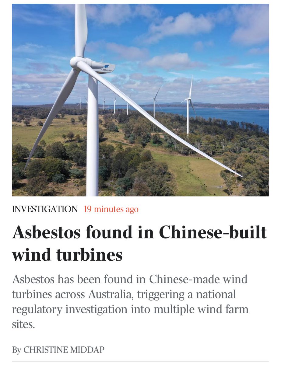 RositaDaz48's tweet image. The discovery of asbestos in turbines at a Chinese-built wind farm in Tasmania has sparked a national regulatory response amid fears a large number of turbines across the country will be affected.
The hazardous material was recently found in brake pads used in wind turbine tower…