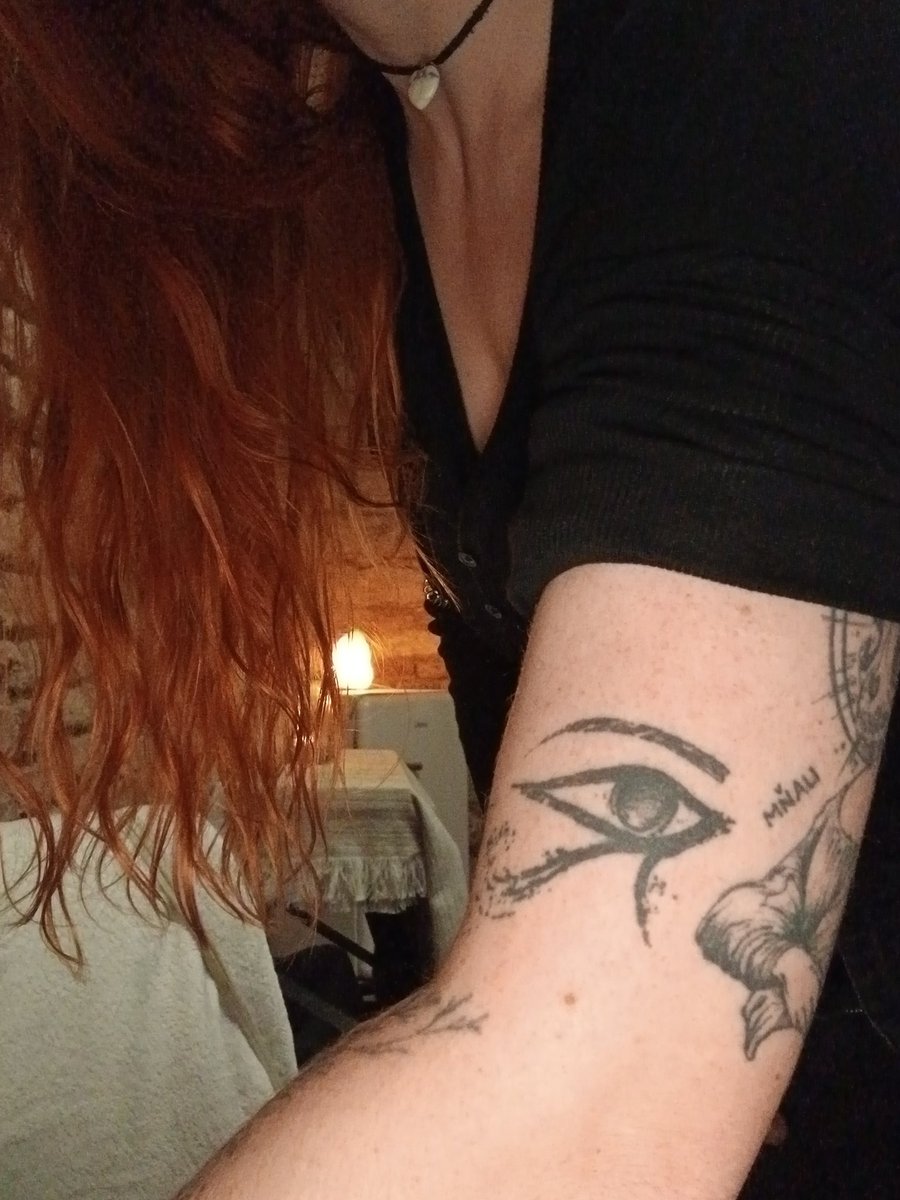 IcaChesshire's tweet image. It&apos;s #evilgangfriday and I want you to show me your gaming tattoos! Or your tattoos in general! I cannot get enough of them! Also, TIL that trying to take a pic of your tats on your own absolutely sucks ass 😅
1. KCD inspired sun
2. Outerwilds
3. Eye of RA 
4. My newest cat 💛