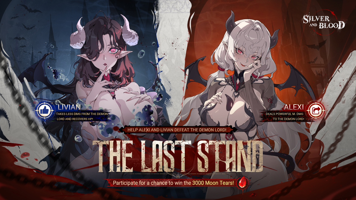 ⚔️ The Last Stand is here!

Alexi and Livian fight side by side in the ultimate battle fate has revealed! Help them change the course of the game!

🔁 Retweet → Deal powerful M. DMG to the Demon Lord.
❤️ Like→ Take less DMG from the Demon Lord and recover HP for Alexi and