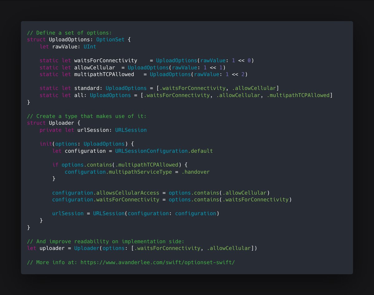 twannl's tweet image. The OptionSet in Swift can be a great way to improve readability while making your code more flexible. In this example, I allow implementors to configure the underlying URLSession without exposing it.
avanderlee.com/swift/optionse…    

#swiftlang #iosdev