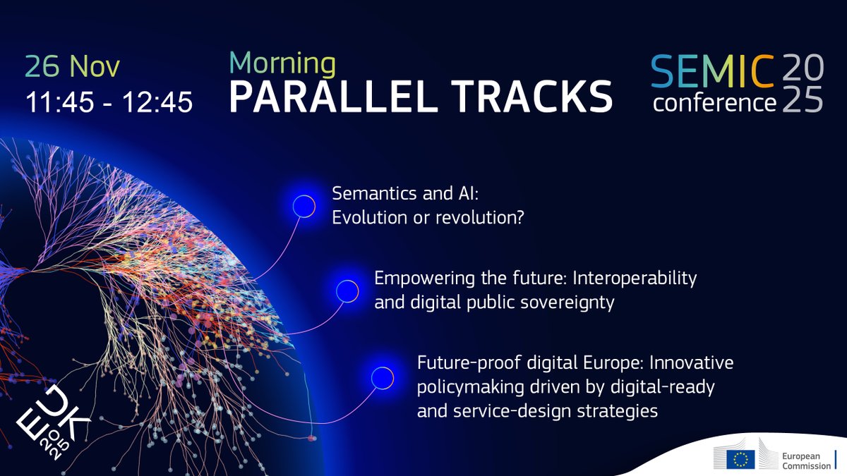 InteroperableEU's tweet image. With only 5 days to go until #SEMIC2025&apos;s Day 2 parallel tracks, be sure to register &amp;amp; join online👇

From #AI &amp;amp; #semantics to digital sovereignty &amp;amp; innovative #policymaking, see how 🇪🇺’s public sector is shaping a future proof digital Europe.

Livestream👉link.europa.eu/cXTMKm