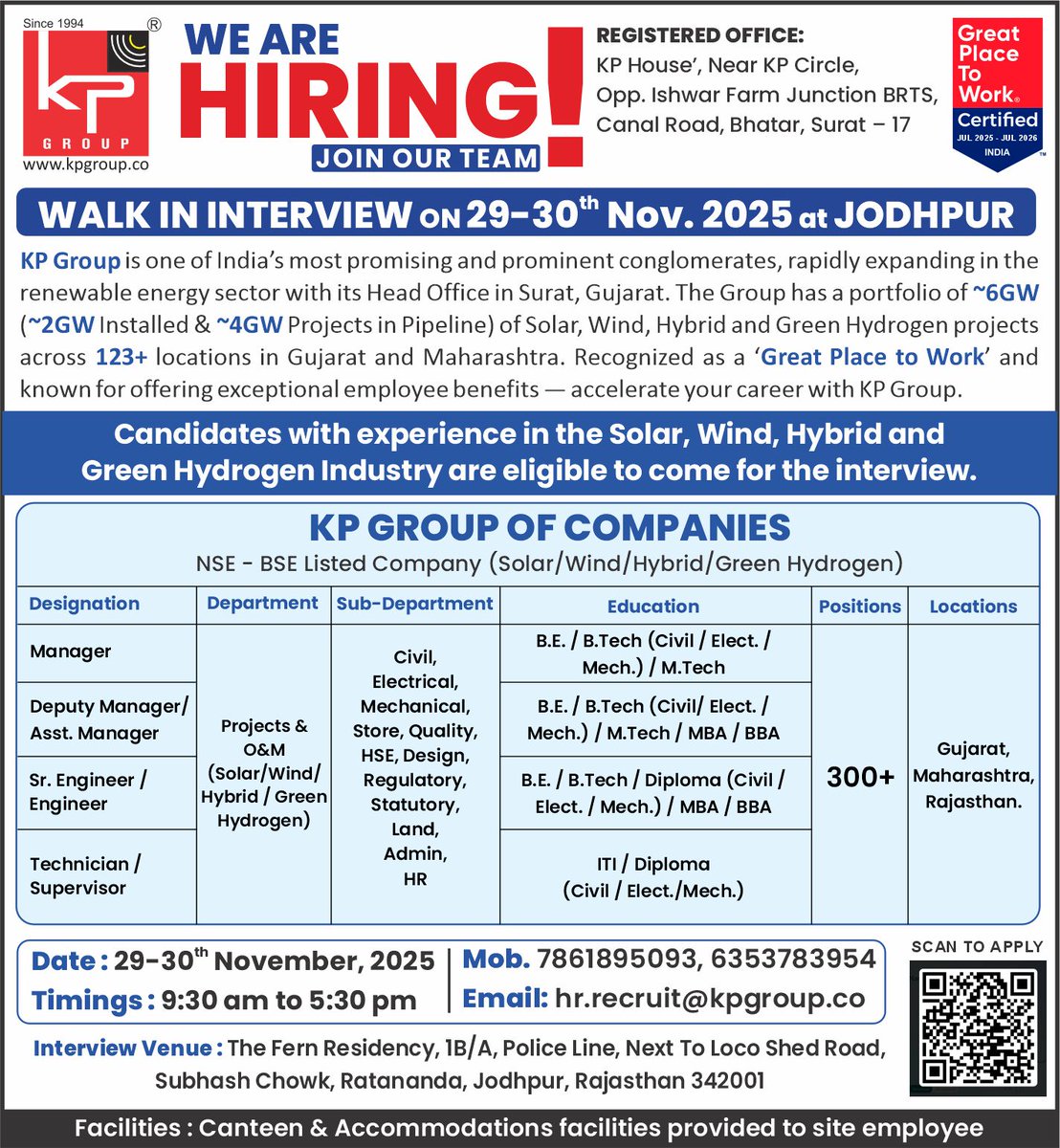 kpgroupgujarat's tweet image. KP Group is hiring!
Walk-in for 300+ openings on 29th–30th November 2025 at Jodhpur and become part of India’s leading renewable energy conglomerate.
Build your career in Solar, Wind, Hybrid &amp;amp; Green Hydrogen—where innovation meets purpose.

#KPGroup #Hiring #WalkInInterview…