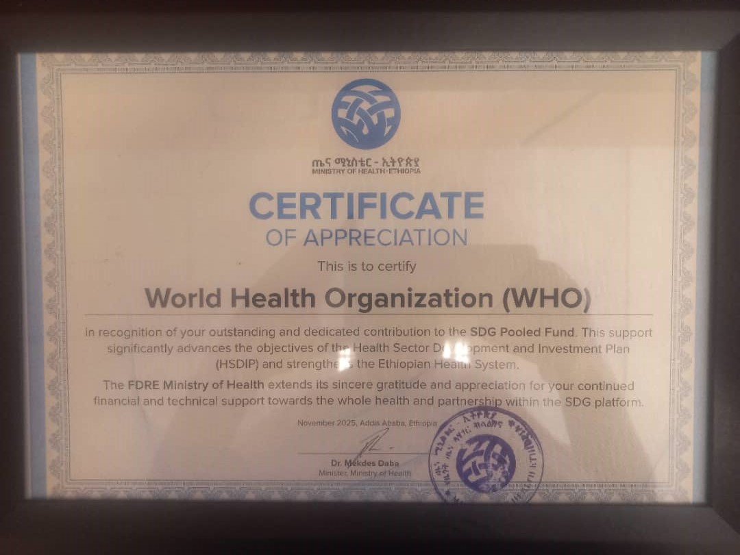 WHOEthiopia's tweet image. As we look ahead, prioritizing quality, equity, strong governance, &amp;amp; a clear sustainability roadmap will be vital to accelerating progress.
@WHOEthiopia is honored to receive a Certificate of Recognition from @FMoHealth for its contribution to the SDG-Pooled Fund. 
#SDGPF 
#PHC