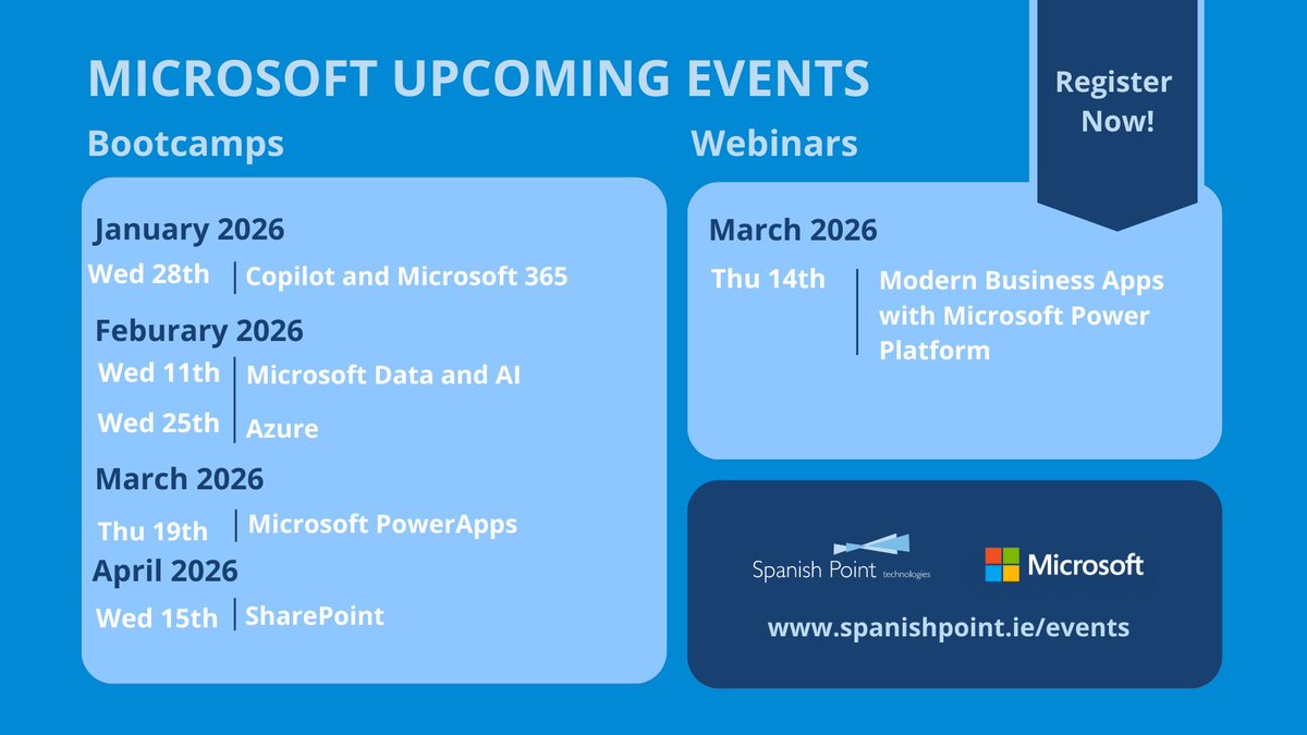 Spanish_Point's tweet image. 🚀 Kickstart 2026 with Microsoft Bootcamps
Practical training. Expert-led sessions. Real-world skills.📅Explore our 2026 line-up: spanishpoint.tech/osFzF8p

#MSPartner #AI #Azure #PowerApps #SharePoint #Copilot