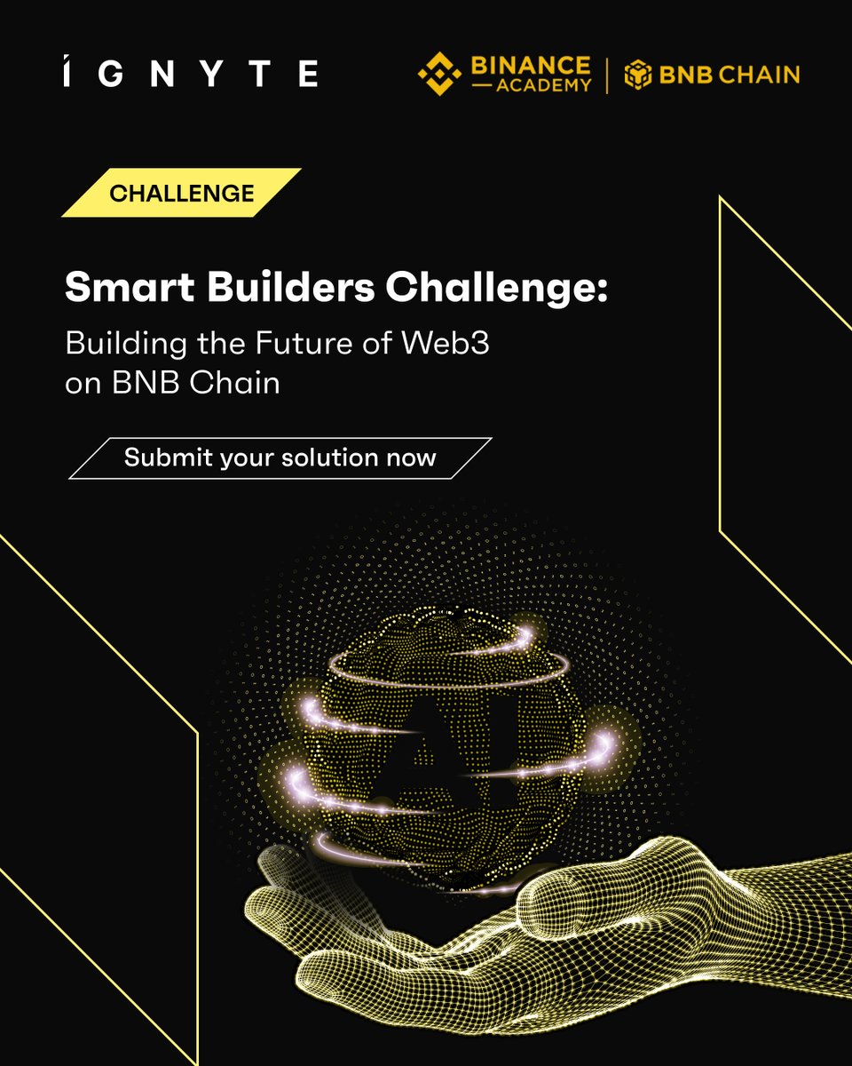 Ignyte_AE's tweet image. Ready to build the future?

Join the Binance Academy Hackathon built on BNB Chain by Ignyte!

Where AI, DeFi, and creativity collide.

This is your chance to innovate, compete, and win from a USD 125,000 prize pool!

Submission closes Monday 2 March 2026. Link below.