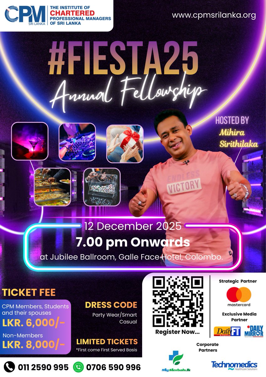 REGISTER NOW‼️

🎉Get ready for an unforgettable night at #FIESTA25! Join CPM Sri Lanka celebrates the year with music, fun, giveaways &amp; more, all hosted by the amazing Mihira Sirithilaka!🔥
Don’t miss out!

👉Register Now! forms.gle/M8eV3e7XhRi6LD…

#CPMSriLanka #AnnualFellowship