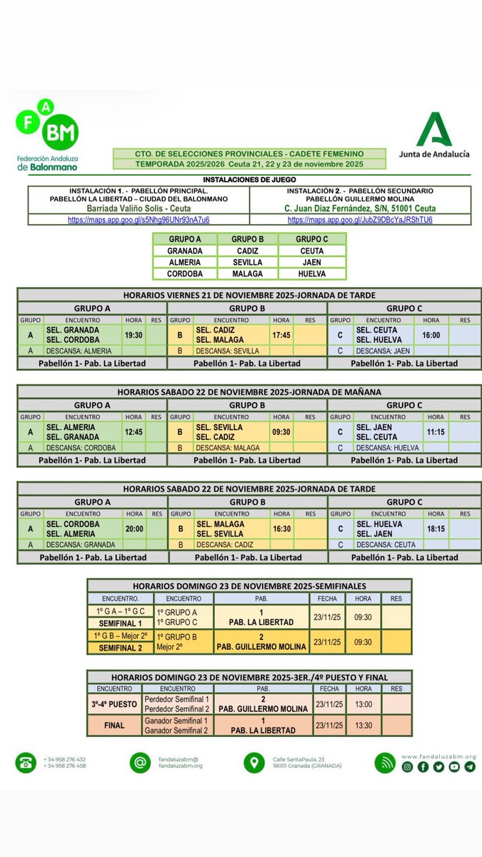 📌 <a href="/BalonmanoCeuta/">Federación de Balonmano de Ceuta</a> sede del Campeonato de Selecciones Provinciales Cadete Femenino 🤾‍♀️

📆 21/22/23 de noviembre 

📺 ¡Sigue en directo todos los partidos en nuestro canal de YouTube! 👀

¡Todo listo en la Ciudad de Ceuta para vivir el mejor 𝑩𝒂𝒍𝒐𝒏𝒎𝒂𝒏𝒐 𝑭𝒆𝒎𝒆𝒏𝒊𝒏𝒐!