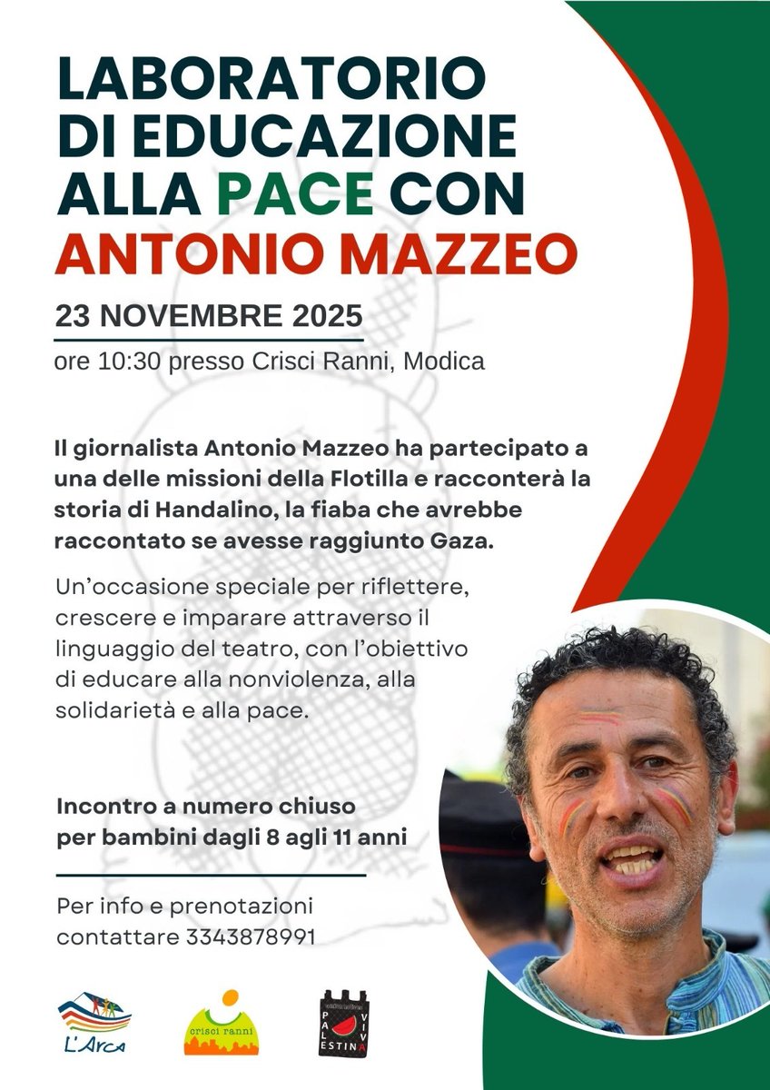 mazzeoantonio's tweet image. #Modica (#Ragusa), domenica 23 novembre ore 10.30. Laboratorio di Educazione alla #Pace con Antonio Mazzeo.
Handalino, il Vecchio Marinaio, Coniglio Clown e &quot;La fiaba che avrei voluto raccontare ai bimbi di #Gaza&quot;.