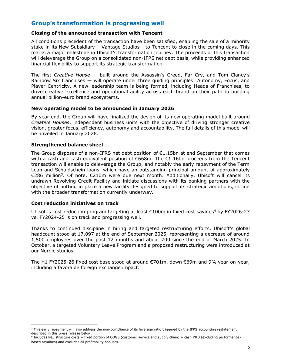 Brycevitnir's tweet image. Ubisoft FY25-26 H1:

• Árbevétel: €657,8 millió (-2,1% év/év)
• Nettó könyvelés: €772,4 millió (+20,3 év/év)

- Az napokban zárul az €1,15 milliárdos Ubisoft - Tencent üzlet
- 2026 március végéig megjelenik a PoP: Sands Of Time Remake és egy még be nem jelentett cím
