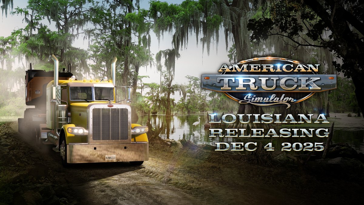 SCSsoftware's tweet image. We’re mighty excited to announce that the Louisiana DLC for American Truck Simulator releases on December 4th! 🇺🇸

Majestic bayous, historic cities, charming towns, nature  &amp;amp; unique industries await you! 🚛💨 

Watch the official video trailer at: blog.scssoft.com/2025/11/louisi…