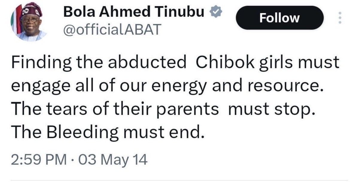 Finding the abducted Kebbi &amp; Niger girls must engage all of our energy and resources. The tears of their parents must stop .
The Bleeding must End.

Tinubu a collateral failure.