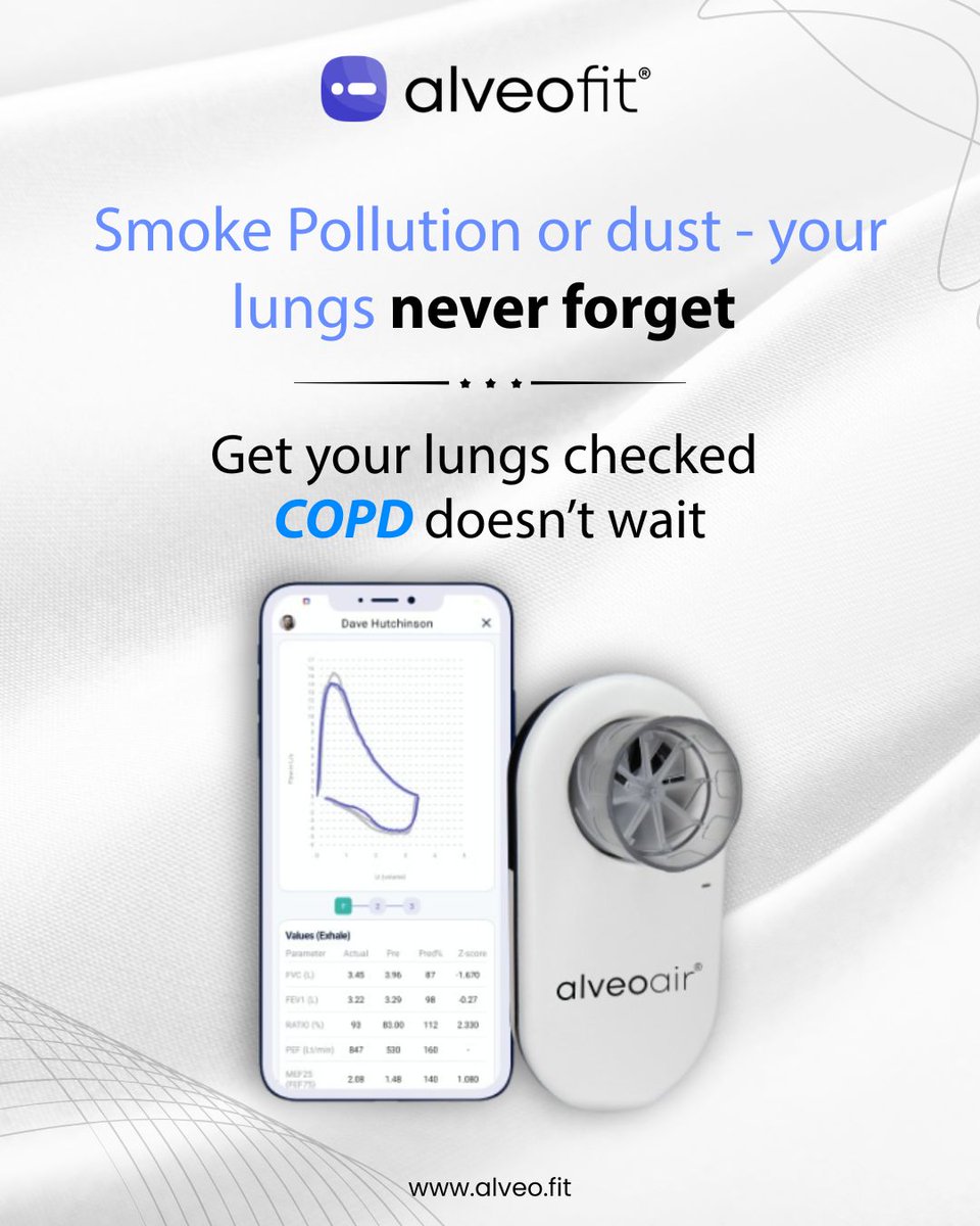alveofit's tweet image. Think #COPD only affects smokers? Think again.
City pollution, household dust, and stress can slowly damage healthy lungs too.

Stay one step ahead with #alveoair — your pocket-sized #lunghealth monitor.

Test. Track. Take Control.

#Alveofit  #BreatheBetter #Prevention
