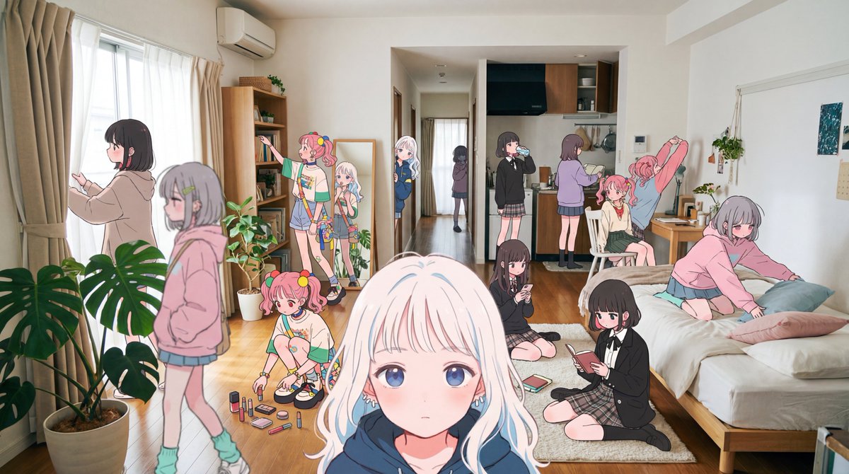 すごいインプ、、、
みんなもやりたかったんですね！
プロンプト置いておきます。お好きなキャラクターでどうぞ(少し実写になりがちかも)
----------------------
Based on the uploaded reference character, generate a live-action scene inside a wide Tokyo girl’s apartment — a bright,
