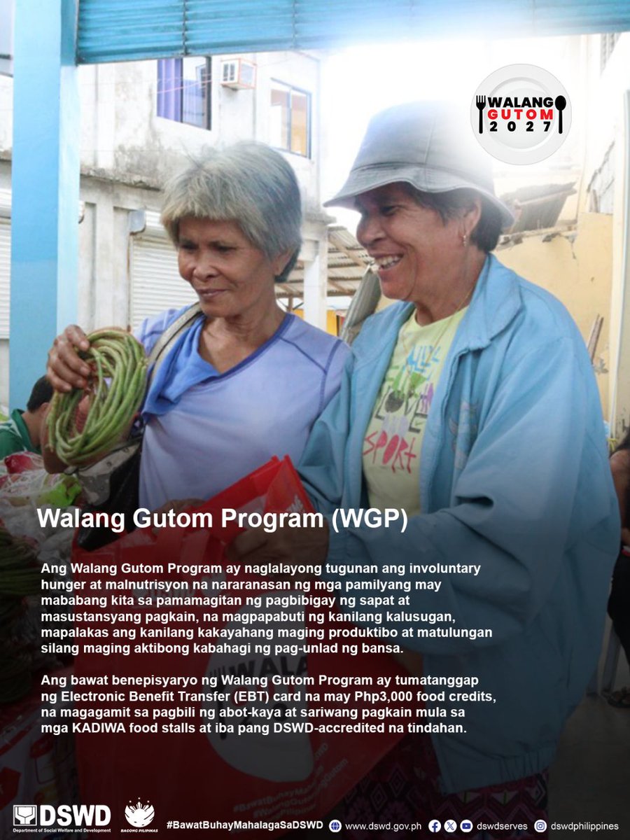 dswdserves's tweet image. Mga Programa ng DSWD Laban sa Kagutuman!

Sa pamumuno ni DSWD Secretary @rex_gatchalian at gabay ni Pangulong Ferdinand R. Marcos Jr., pinagtitibay ng DSWD ang laban kontra kagutuman sa bansa sa pamamagitan ng malawak at epektibong programa para sa bawat pamilyang Pilipino.…