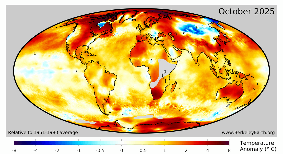 Temperature Update for October 2025

Third warmest October in the instrumental record.  

Similar conditions to September.

A weak La Niña returns in the Pacific.  

2025 is very likely to be the 3rd warmest year.  

🧵