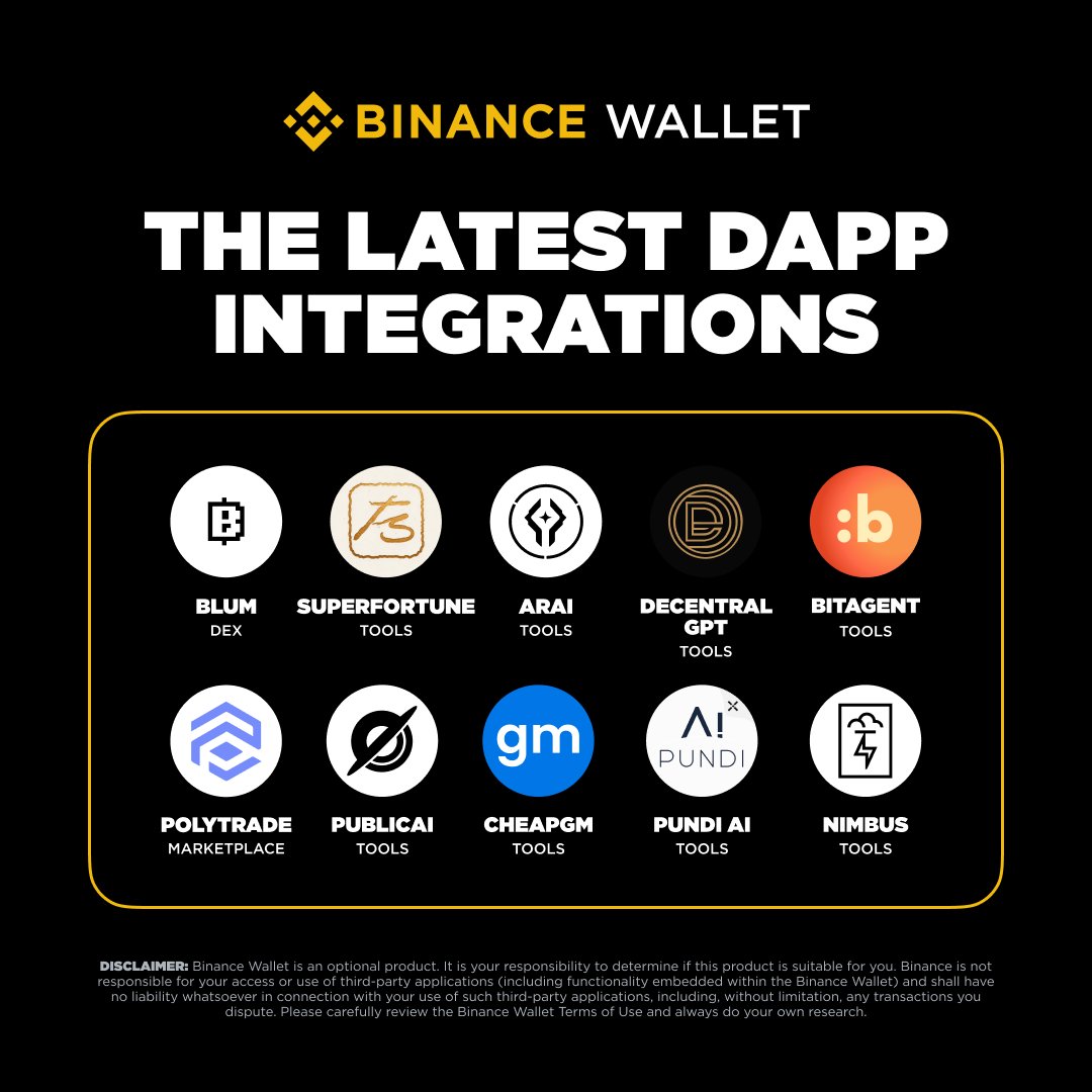 BinanceWallet's tweet image. New integrations are now live on #BinanceWallet!

Check out the newly added dApps: BLUM, SuperFortune, ARAI, DecentralGPT, BitAgent, Polytrade, PublicAI, CheapGM, Pundi AI, and Nimbus. 

Discover them now! ⤵️
binance.com/en/mp-cms/app/…