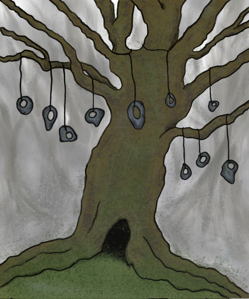 FinlaysonPalmer's tweet photo. Folktale Week 2025
Day 5ย - CHARM
The witch tree, where hagstones are portals to other worlds.
#folktaleweek #folktaleweekcharm #folktaleweek25 #hagstone #tree #folklore #childrensillustration #illustration #art https://t.co/SVwFCvJSjN