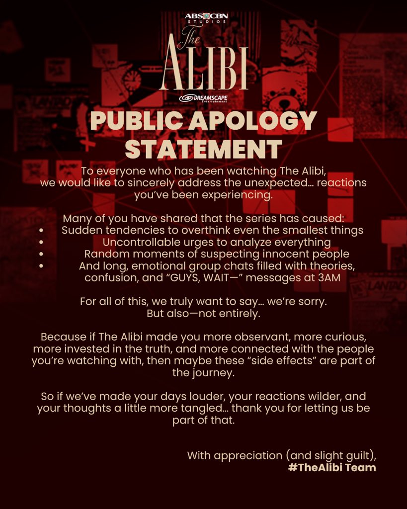Official Statement: Sorry po 🙁

#TheAlibi now streaming with 2 new episodes every Friday exclusively on Prime Video!