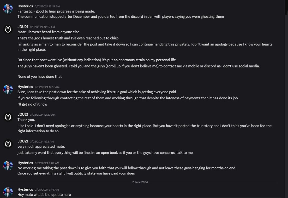 HystericsCasts's tweet image. Yearly reminder that @JmeUncles from Vertex LCO 2023 still hasn't paid half of my team

The same guy who threatened to sue me for defamation &amp;amp; instead came to an agreement that if I took my tweet down a year ago he would pay the players still *SHOCKER* hasn't paid the players...