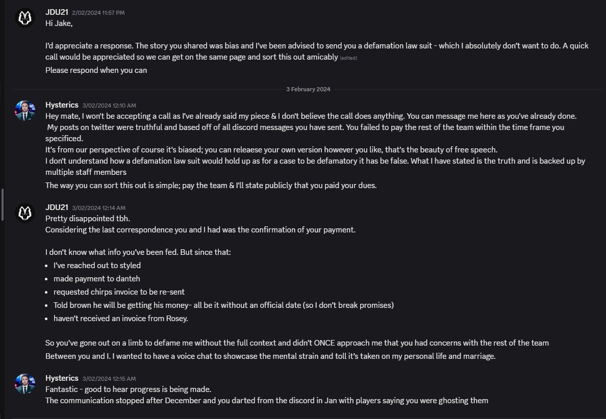 HystericsCasts's tweet image. Yearly reminder that @JmeUncles from Vertex LCO 2023 still hasn't paid half of my team

The same guy who threatened to sue me for defamation &amp;amp; instead came to an agreement that if I took my tweet down a year ago he would pay the players still *SHOCKER* hasn't paid the players...