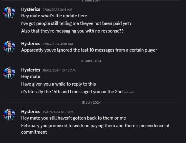 HystericsCasts's tweet image. Yearly reminder that @JmeUncles from Vertex LCO 2023 still hasn't paid half of my team

The same guy who threatened to sue me for defamation &amp;amp; instead came to an agreement that if I took my tweet down a year ago he would pay the players still *SHOCKER* hasn't paid the players...