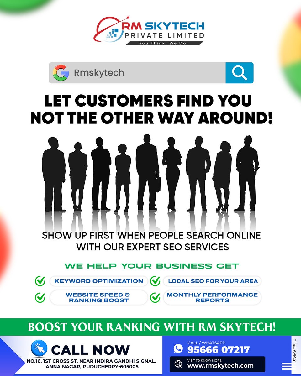 RMSkyTech1's tweet image. SEO Services: Let Customers Find YOU! 🚀 Boost Your Google Ranking Today

#SEOServices #KeywordOptimization #GoogleRanking #LocalSEO #DigitalMarketing #RMskyTech #PuducherryBusiness #SEOConsultant #WebsiteTraffic #BusinessGrowth #ShowUpFirst
