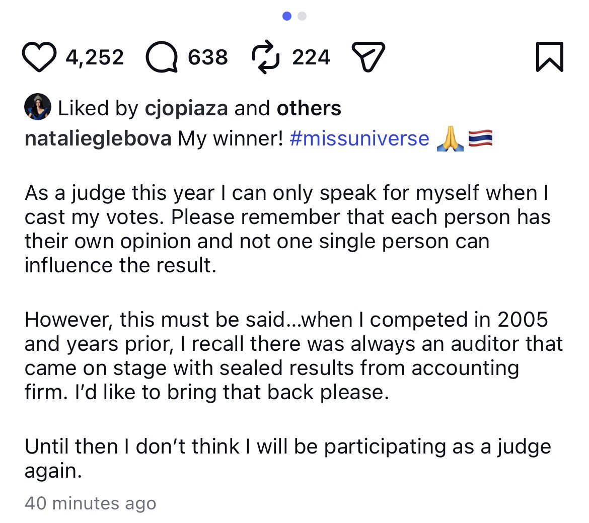 tj_canino's tweet image. Miss Universe 2005 Natalie Glebova speaks out:

“I recall there was always an auditor who came on stage with the sealed results from the accounting firm. I’d like to bring that back, please. Until then, I don’t think I will be participating as a judge again.”

OUH WHAT A TEAAA 🍵