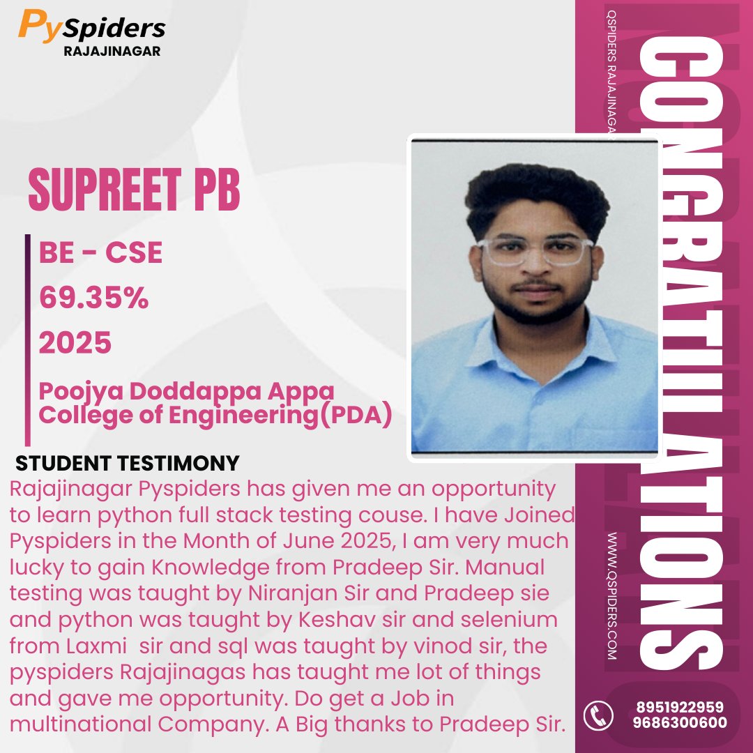 QRajajinagar's tweet image. Celebrating hard work, dedication, and a new milestone unlocked
Grateful for the journey, the mentors, and every lesson learned at PySpiders Rajajinagar.
Onwards and upwards! 
#PySpiders #Rajajinagar #SuccessStory #CareerGrowth #FullStackTesting #PythonDeveloper #SoftwareTesting