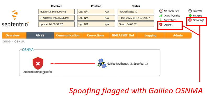 Septentrio's tweet image. #Spoofing detected with #OSNMA at the #Jammertest in Norway. Septentrio GNSS receiver identified and blocked spoofing attempts thanks to Galileo #OSNMA authentication. 

Find out more about OSNMA anti-spoofing authentication:  septentrio.com/en/learn-more/…