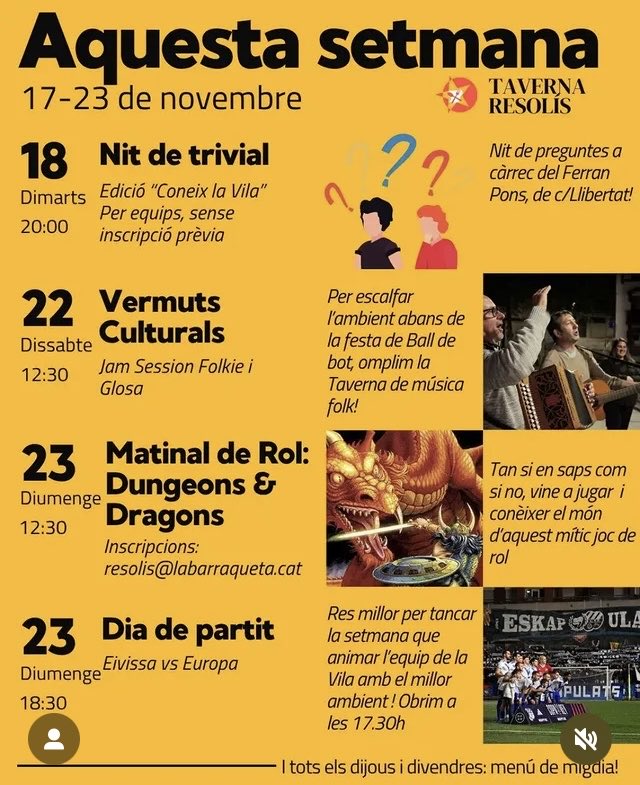 Aquest cap de setmana moltes activitats a la Taverna de l’Ateneu 🤩 Apunteu dates! 🙌