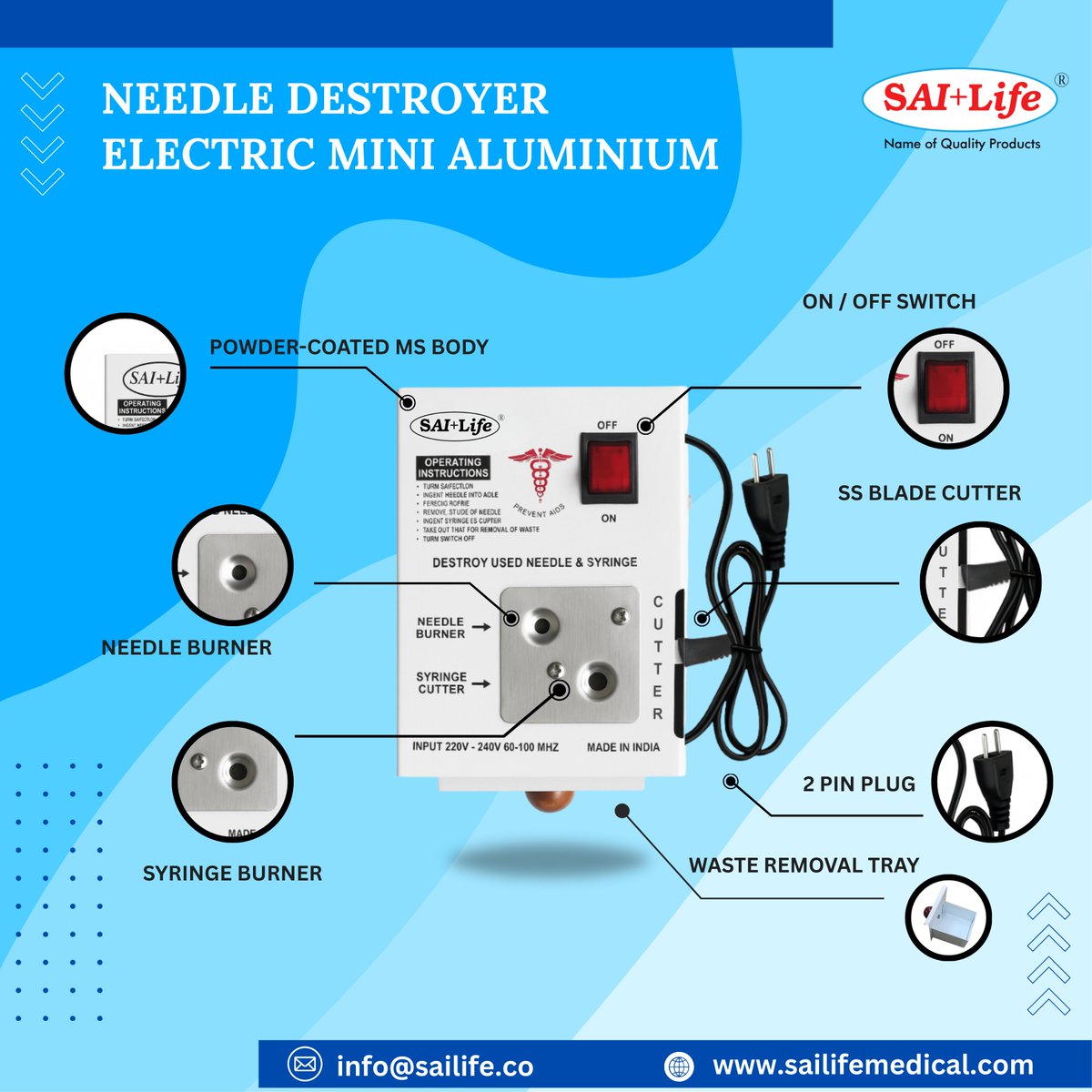 sailifeindia's tweet image. #SaiLifeMedicalDevices #NeedleDestroyer #ElectricNeedleDestroyer #HospitalEquipment #MedicalWasteManagement #ClinicSafetyTools #NeedleBurner
#SyringeCutter #MadeInIndiaMedical #MedicalDeviceManufacturer
#DelhiNCRManufacturer #HospitalFurnitureIndia #MedicalSafetyEquipment