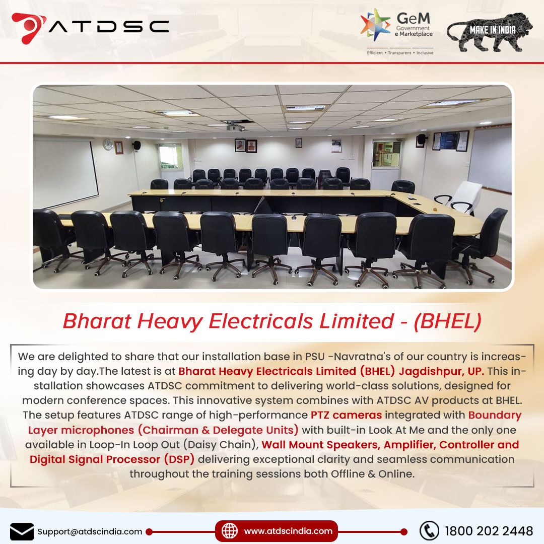 _atdsc's tweet image. Transforming Conference Experiences at Bharat Heavy Electricals Limited (BHEL) – UP!
📞 1800 202 2448
🌐 atdscindia.com

#ATDSC #BHEL #ConferenceRoomSolutions #AVIntegration #MakeInIndia #PTZCamera #DSP #ProfessionalAudio #CorporateAV #TechnologyUpgrade #SmartMeetings
