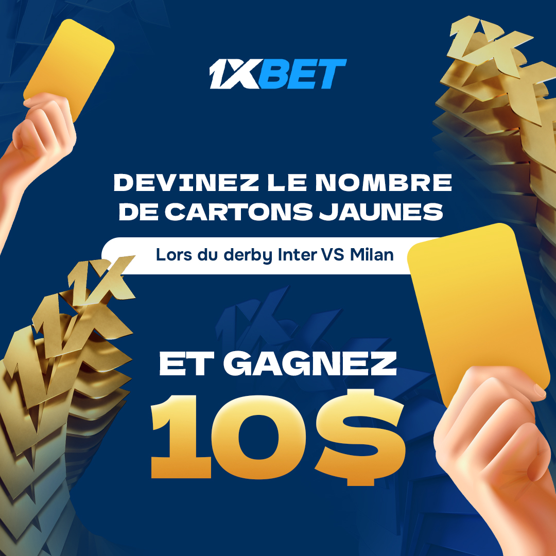 CONCOURS 🎁

Devinez le nombre de cartons jaunes lors du Derby de Milan et gagnez des codes promo de 10$

Règles : 

✅ Vous ne pouvez répondre qu'avec un seul commentaire
✅ Le participant doit être abonné à 
<a href="/1xBet_Francais/">1xBet Français</a>

Nous choisirons au hasard 5️⃣ gagnants d'un code promo