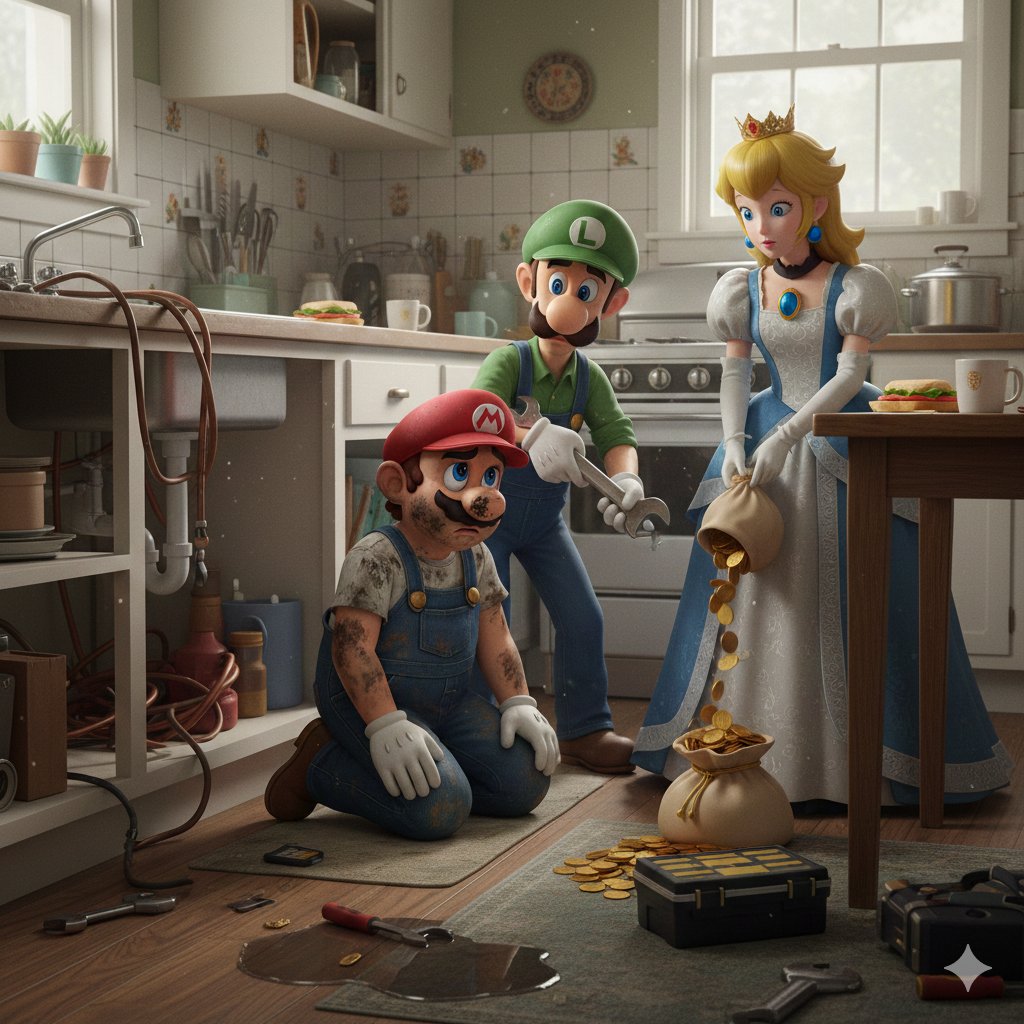 Mario and Luigi repair Princess Peach's kitchen
