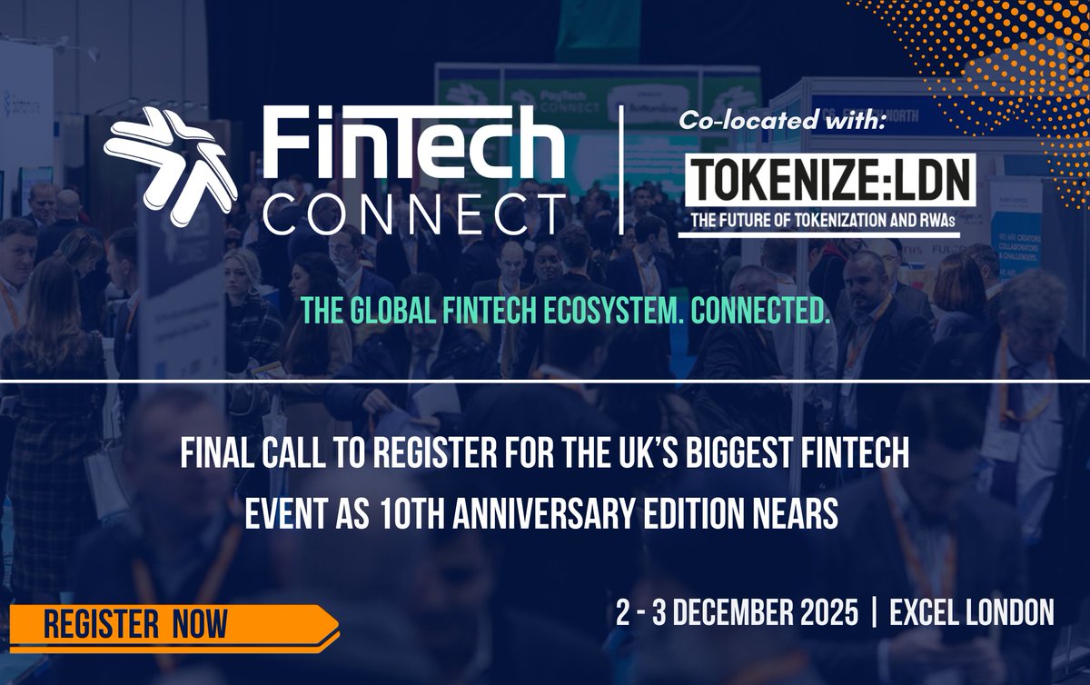 financialit_net's tweet image. The countdown is on! ⏳
FinTech Connect 2025 &amp;amp; Tokenize: LDN land in London next week — 5,000+ leaders, 140+ speakers &amp;amp; 100+ exhibitors 🚀
Final chance to register for payments, AI, banking &amp;amp; digital assets insights.
🔗 fintechconnect.com//?utm_source=P…

#FinTechConnect #TokenizeLDN